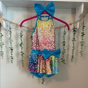 Weissman Girls IC Rainbow Sequin Dance Dress Up with Blue Bow